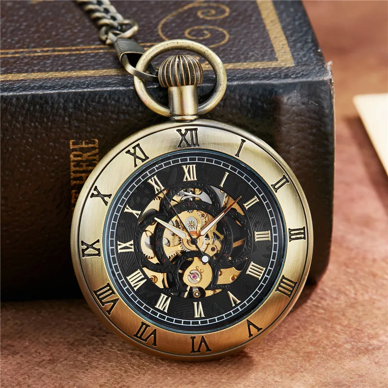 

Vintage Roman Dial Mehanical Pocket Watch FOB Chain Skeleton Hand Wind Mechanical Mens Womens Watch