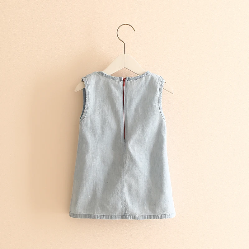 Summer New 2 3 4 6 8 10 Years Embroidery Cartoon Dog Tank Vest Dresses With Button O-Neck Cotton Baby Kids Girl Denim Dress