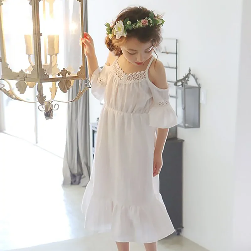 

Girls Party Dress Off-shoulder Cotton White Color Pink Color Kids Girls Princess Dress 4 6 8 10 12 14 years old
