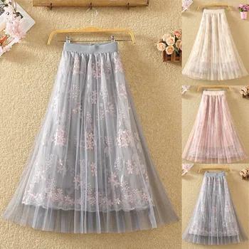 

Floral A-Line Tutu Lace Mesh Skirt Women 2019 Elegant Tulle Long Pleated Skirts For Women Evening Summer Party Long Skirt Famele