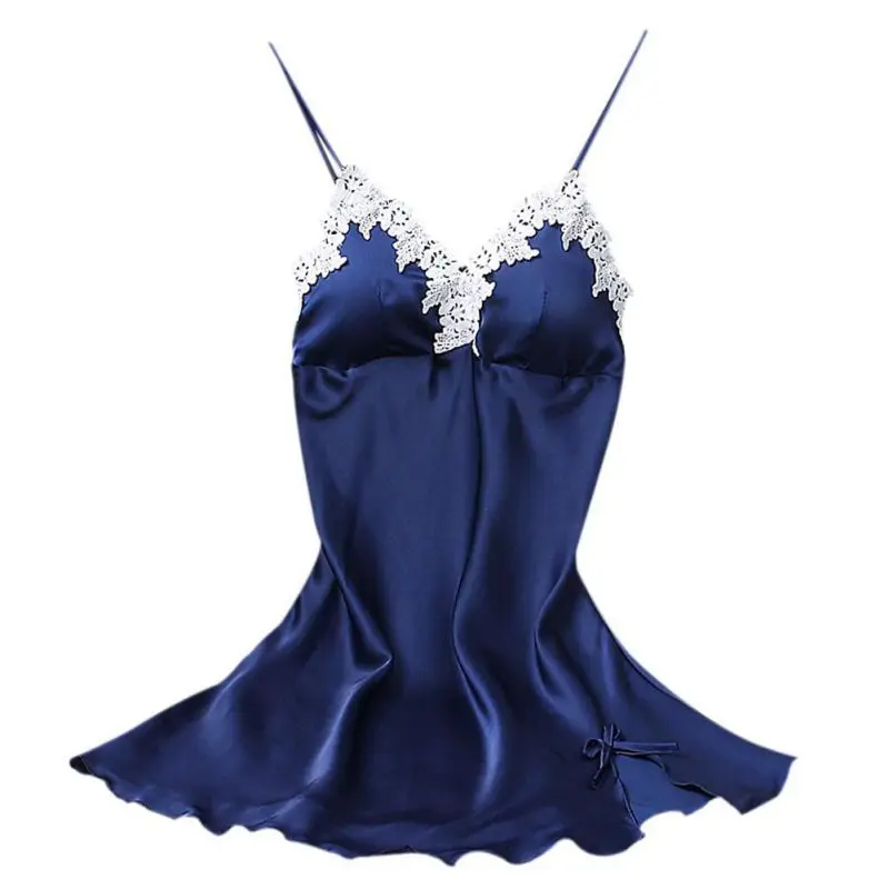 Пикантные женские сна сплошной цвет юбка слинг кружево с груди Pad пижама из искусственного шелка Роскошные Благородный мини сна для женщин - Цвет: Синий