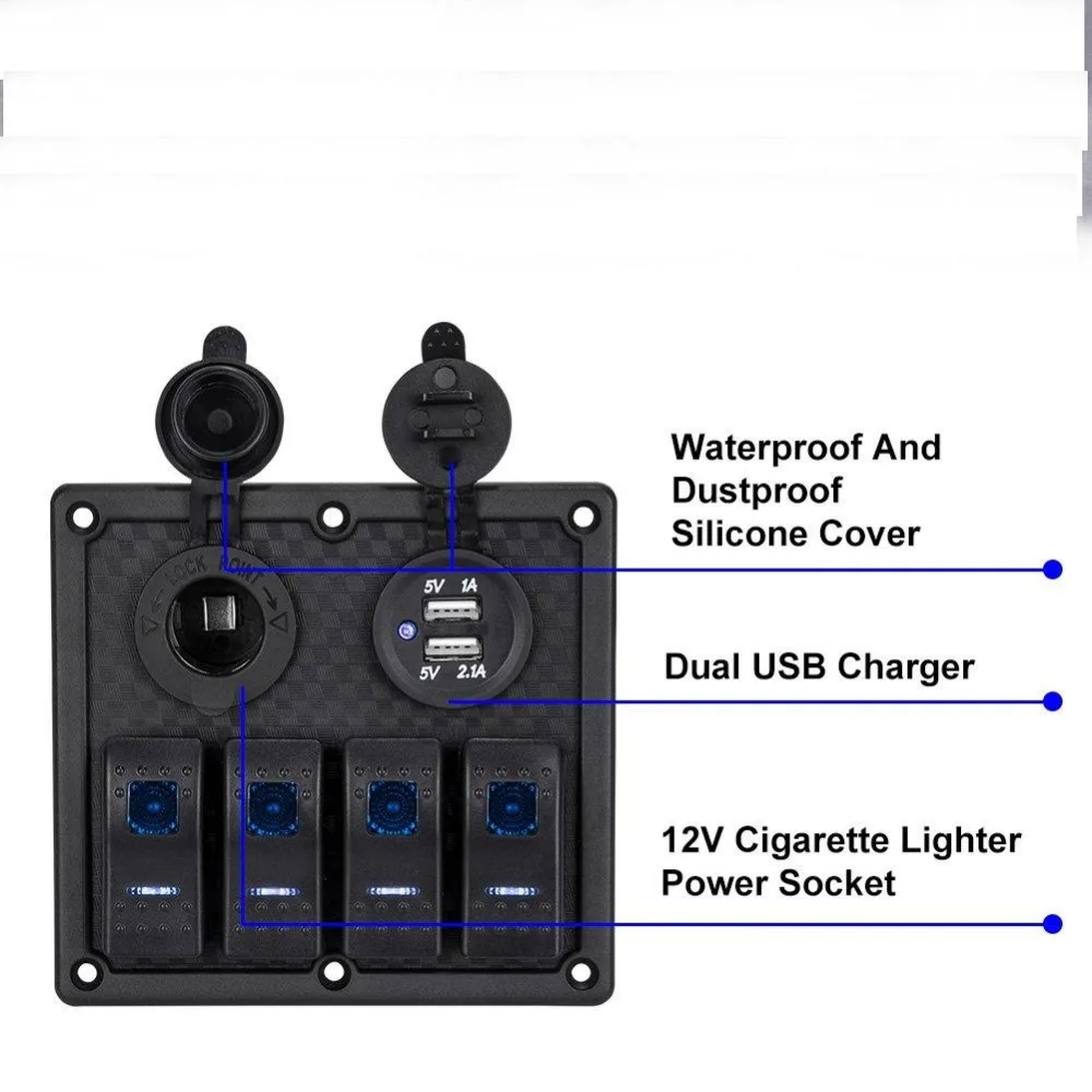 4 Gang Marine Boat Rocker Switch Panel Waterproof Blue LED Lighted
