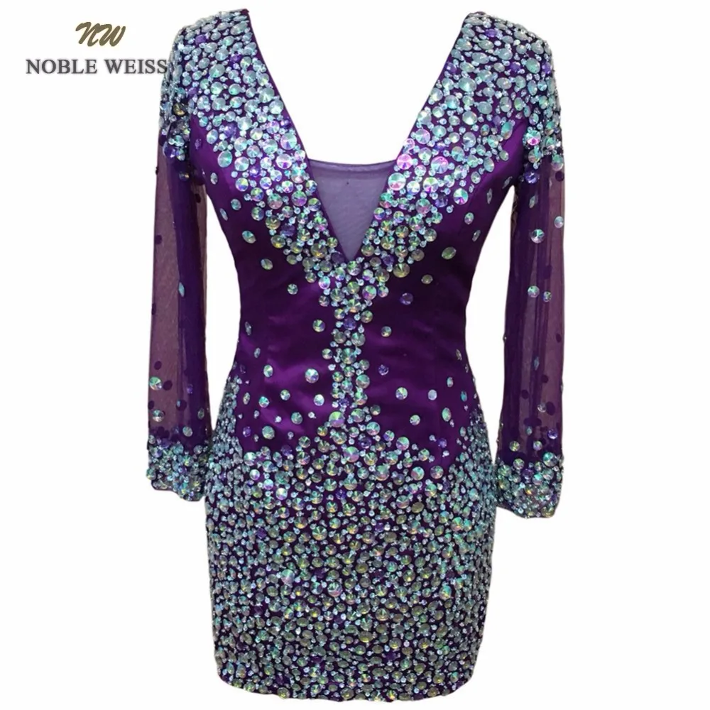 

NOBLE WEISS Crystal Formal Prom Dresses with Stones Purple Deep V-neck Long Sleeves Graduation Dresses Party Gowns Cusomize