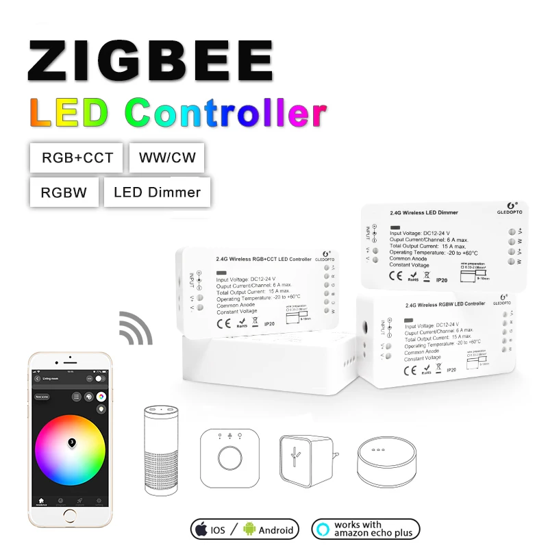 zigbee hub Led controller smart (rgbcct/wwcw/rgbw/dimmer)strip Light Controller DC12-24V LED Dimmer Work with hub and Echo Plus