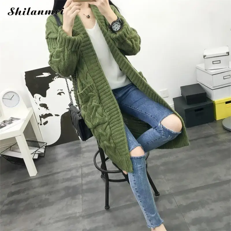 2018 Women Autumn Winter Sweater Green Long Cardigan Female Solid Purple Sweater Thick Long Sleeve Outwear With Two Pockets Sweaters