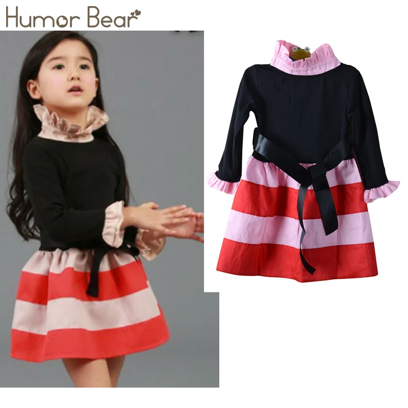 

Humor Bear 2019 Autumn Casual Dress Girls Dress Baby Girl Clothes Fashion Long Sleeve Ruffles Turtle Neck Striped Spliced Dress