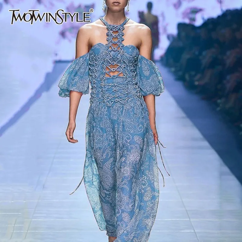 

TWOTWINSTYLE Summer Off Shoulder Dress For Women Halter Half Sleeve High Waist Hollow Out Print Dresses Female Fashion 2019