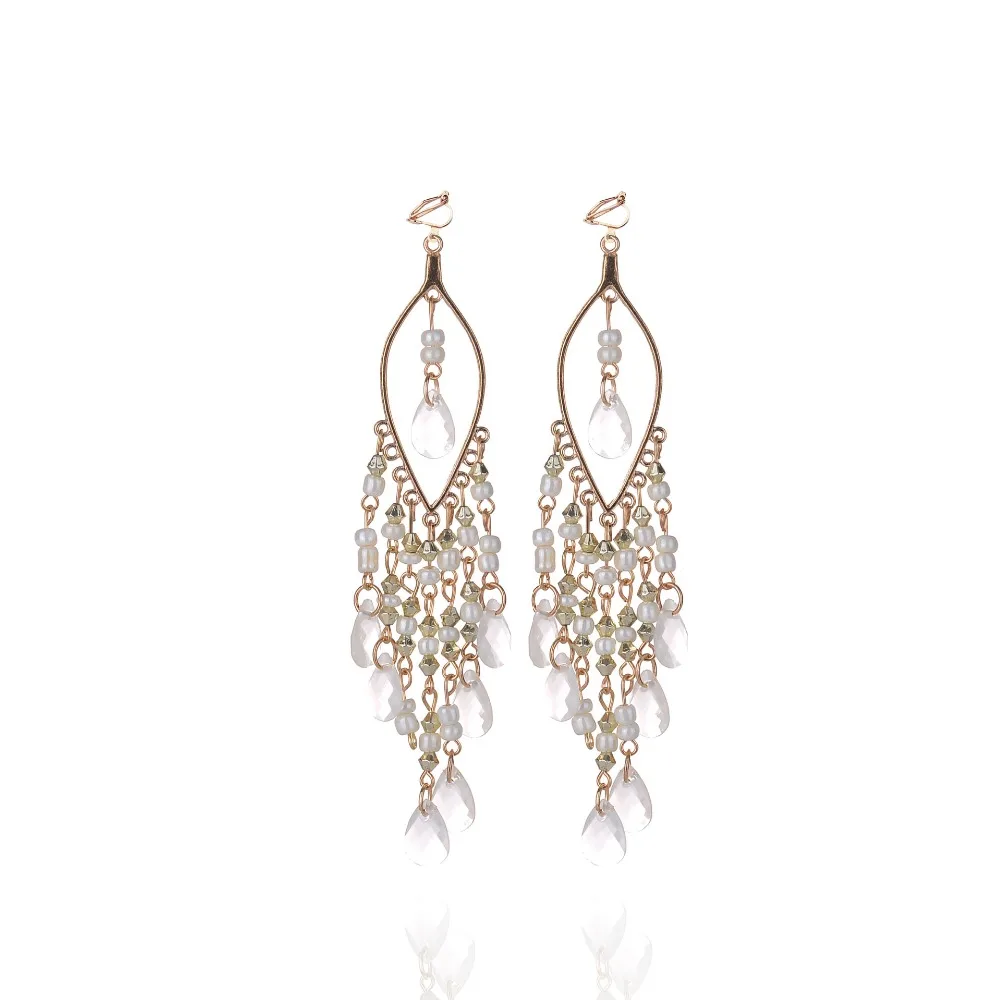 Ethnic Bohemia Beads Clip On Earrings Fashion Hanging no pierced Earrings Tassel Resin Vintage Ethnic Jewelry Gift For Women ear clip earrings clip earrings ear clip