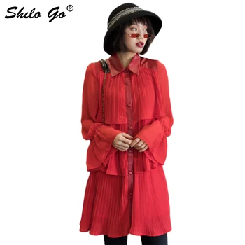 

Elegant Leather Dress Women Summer Chiffon Spliced Sheepskin Genuine Leather Pleated Dress Casual Layered Ruffled Female Dress