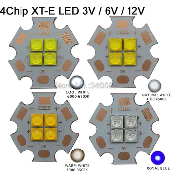 Cree XTE XT-E LED 이미터 라이트, 20mm 구리 PCB 보드, 4 개 LED 칩, 화이트, 웜 화이트, 뉴트럴 화이트, 450nm, 20W, 3V, 6V, 12V