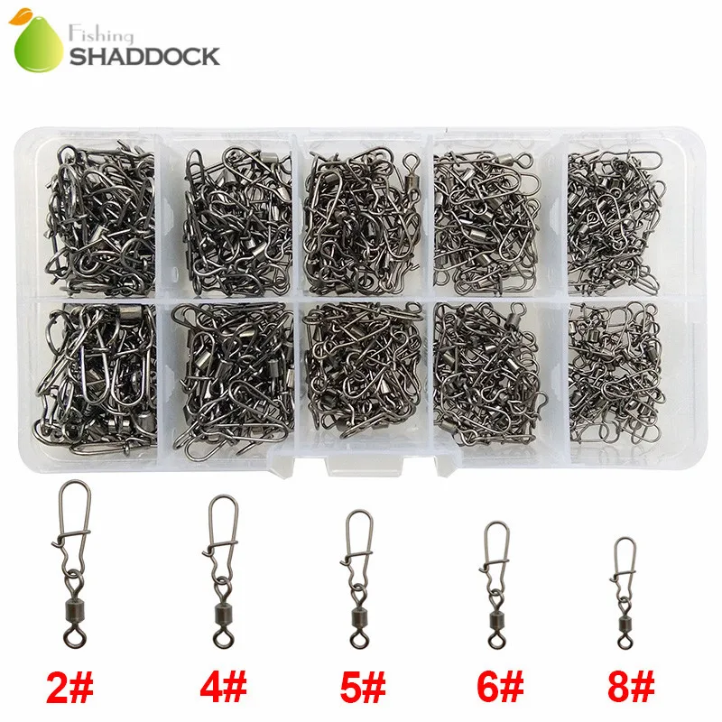 

210pcs Rolling Fishing Swivel With Nice Snap Brass With Black Nickle Rolling Swivels Hard Fishing Lures Connector Set With Box