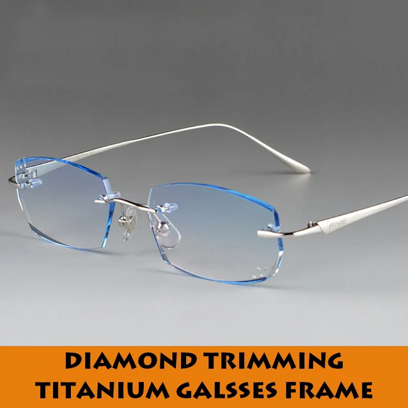 

Men Prescription Glasses Titanium High Quality Rimless Frame Diamond Trimmed Colored Anti Reflective Anti Glare Lenses