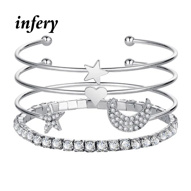 Retro Gold Rhinestone Moon Stars Heart Cuff Bracelets Bangles Set