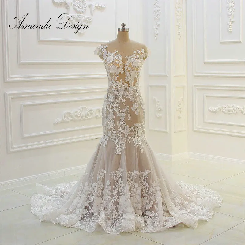 

Amanda Design Cap Sleeve Lace Applique Mermaid Low Back Dress