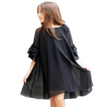 Новинка года, платье для девочек большого размера летнее шифоновое платье с рукавами-лепестками для девочек черное платье для девочек-подростков от 6 до 16 лет, vestidos