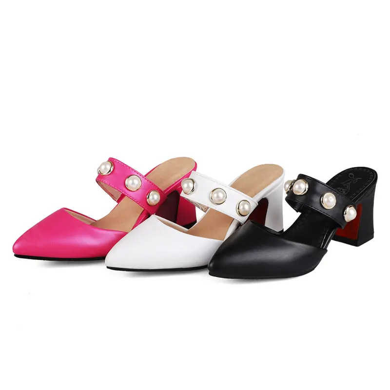 Fanyuan Fashion Pearl decoration Outside Slippers Comfort Solid High Heels Women Shoes Summer Pointed toe Female Mules Slides Fanyuan Fashion Pearl decoration Outside Slippers Comfort Solid High Heels Women Shoes Summer Pointed toe Female Mules Slides