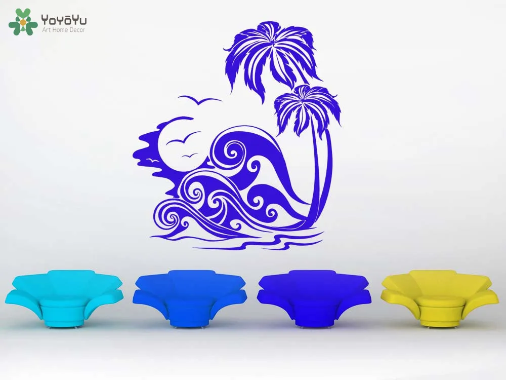 

YOYOYU Wall Decal Ocean Waves Pattern Decor Palm Tree Removable Wall Stickers Vinyl Home Decals Interior Beach Art Mural SY610