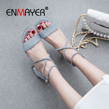 

ENMAYER 2019 New Arrival Women Med High Flock Basic Party Sandals Women Buckle Strap Solid Fashion Shoes Size 34-43 LY2392