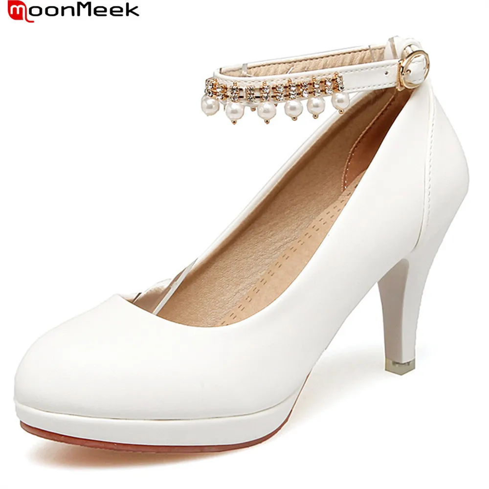 

MoonMeek 2018 new arrive platform shoes with crystal buckle round toe extreme high heels pink color pumps women shoes