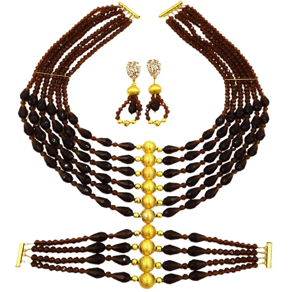 

Latest Brown African Beads Jewelry Set Nigerian Traditional Wedding Party Necklace Sets 6C-XSD014