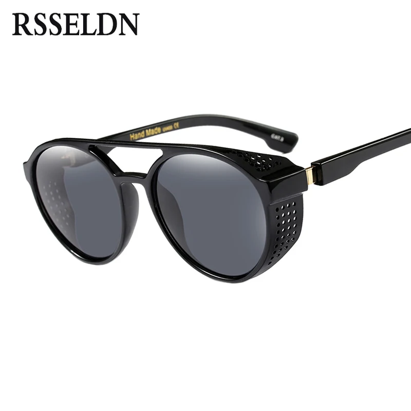 

RSSELDN Retro Mens Punk Sunglasses Men Fashion Brown Yellow Black Sun glasses Women Style Reflective Lens Shades UV400 oculos