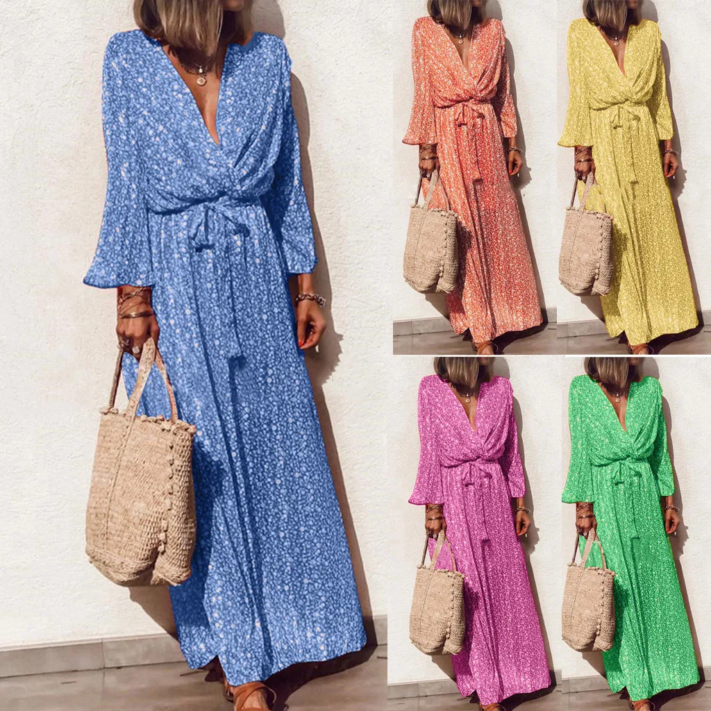 

Women Cross V-Neck Flare Sleeve Bohemia Floral Print Bow Bandage Long Maxi Dress Female Lady women fashion sexy Bandage casual