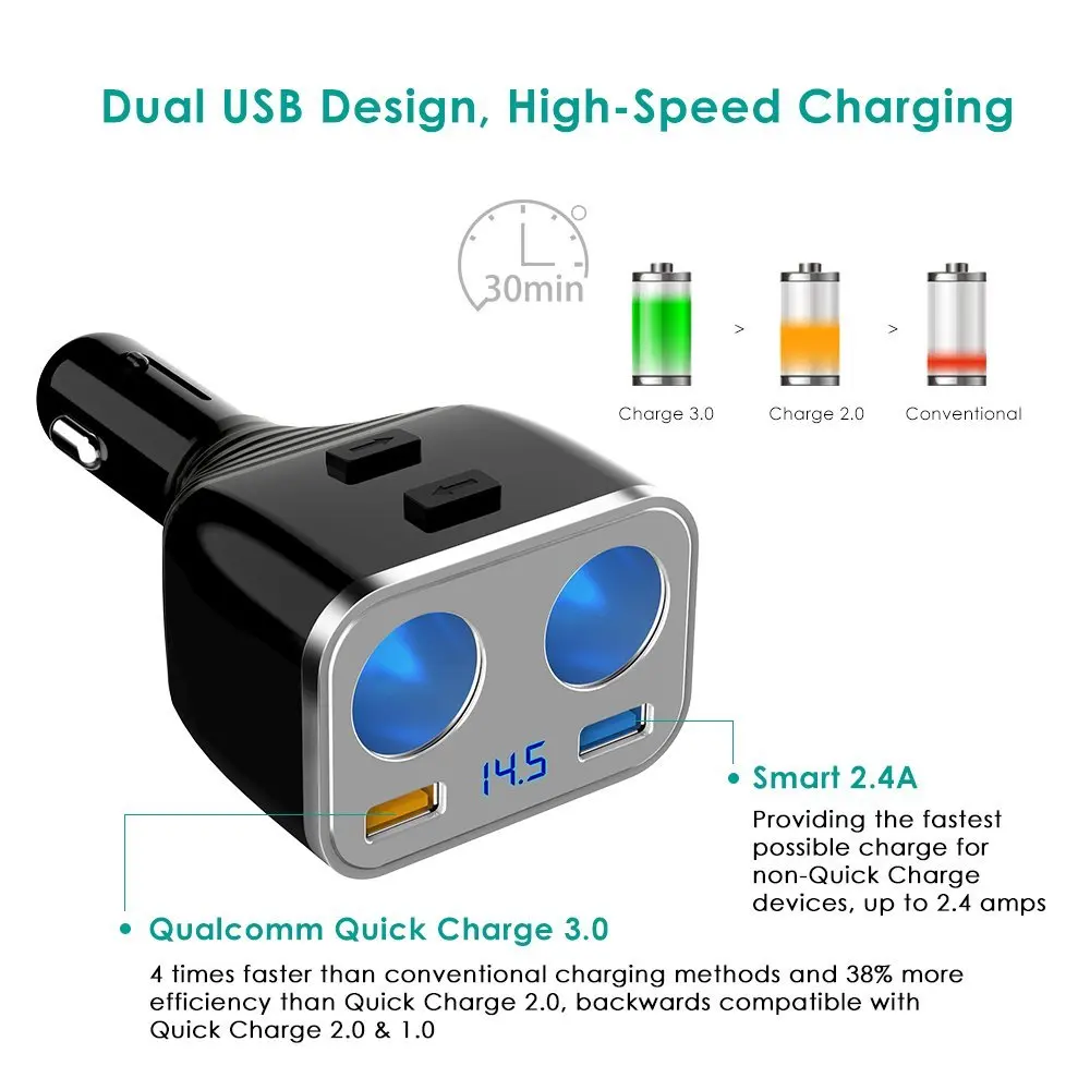 USB Quick Charge 3,0 Автомобильное зарядное устройство 80 Вт 2 гнезда прикуривателя двойной USB порт Автомобильный адаптер питания для iPhone iPad Android