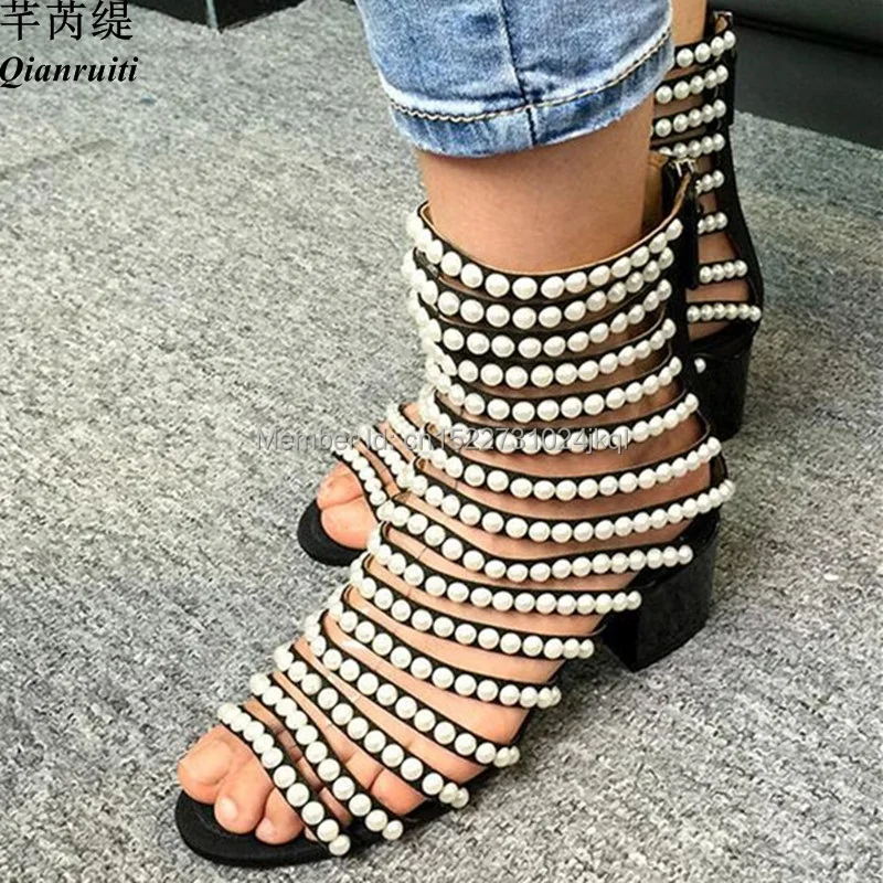 Qianruiti Fashion Women String Bead Sandals Luxury Pearls Studded Thick