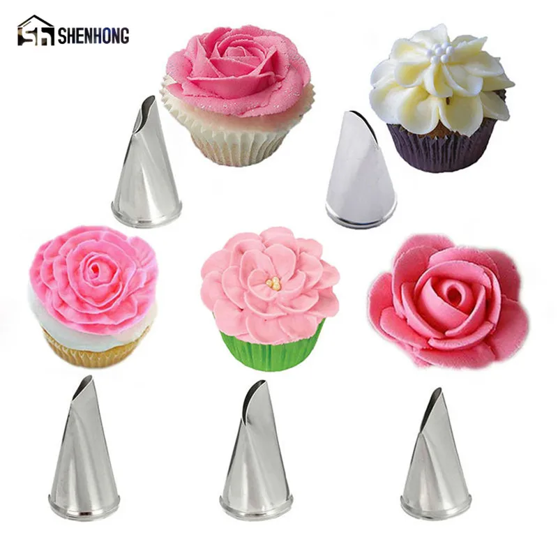 SHENHONG 5Pcs Set Rose Flower Icing Piping Tips Stainless