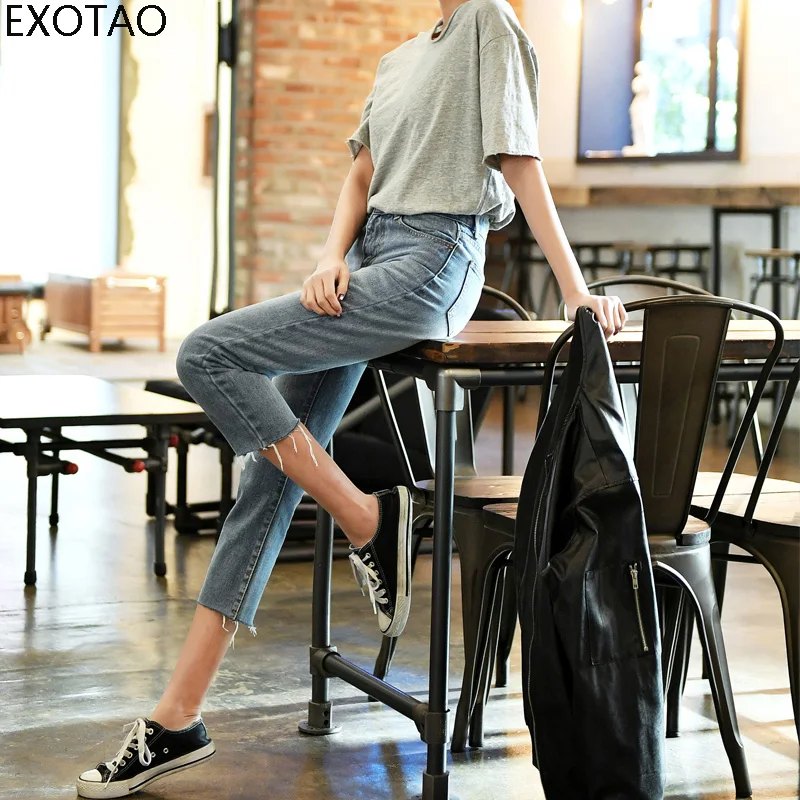 EXOTAO Vintage Blue Jeans Woman High Waist Washed Tassel
