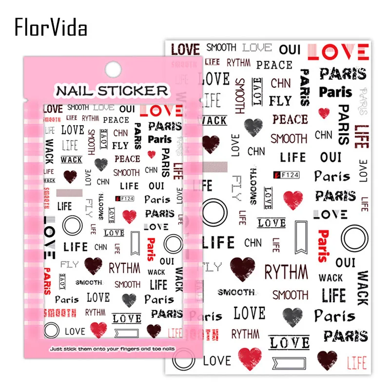 FlorVida F024 наклейки для дизайна ногтей цветы наклейки клей красочные черные белые для детей накладные ногти маникюр серии F