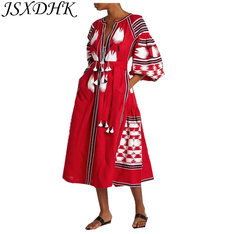 

JSXDHK 2018 Designer Runway Holiday Midi Women Dress Summer Embroiedry Bird Tassel Lantern Sleeve Cotton And Linen Boho Dress