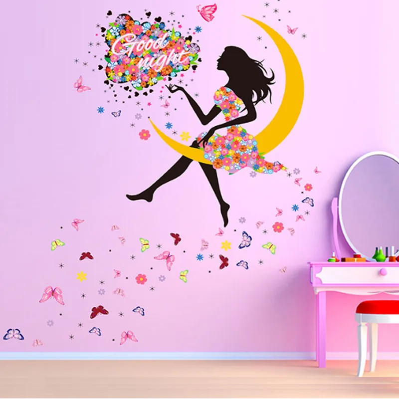 ПВХ DIY Принцесса Бабочка Луна Девушки Искусство Decal Стены Наклейки Для Домашнего
