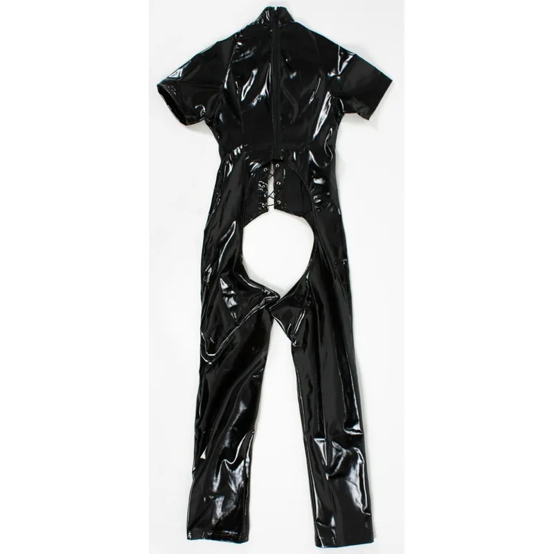 Сексуальные женщины искусственная кожа Bodycon комбинезон в стиле фетиш черный ПВХ боди открытый промежность на шнуровке сексуальное порно белье Эротический латексный костюм
