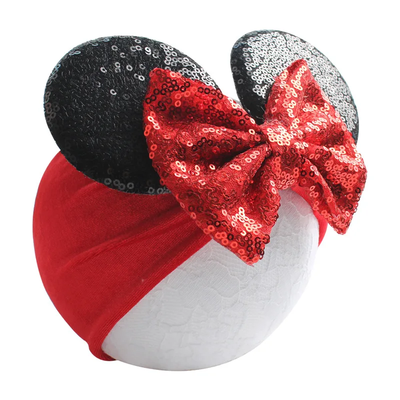 New MINNIE MOUSE EARS Headband Black Sparkle Shimmer Large Red Sequin Bow Mickey