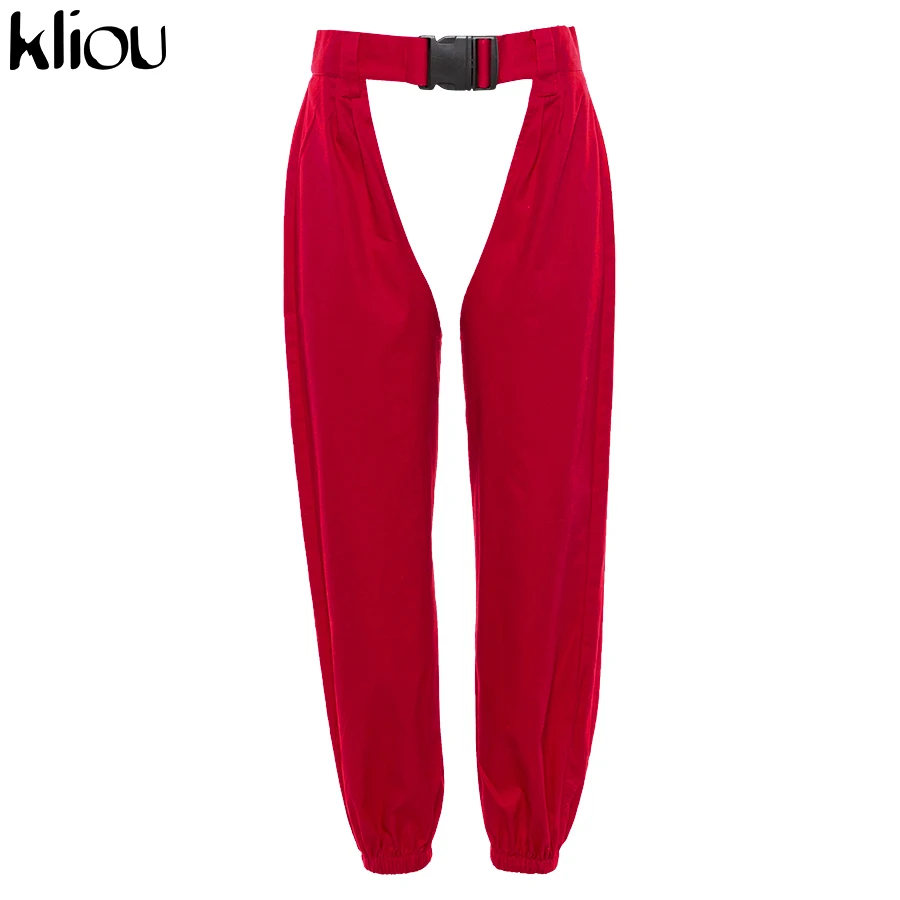 Kliou однотонные красные брюки длиной до щиколотки с пуговицами и высокой талией, трикотажные свободные женские сексуальные брюки на пуговицах