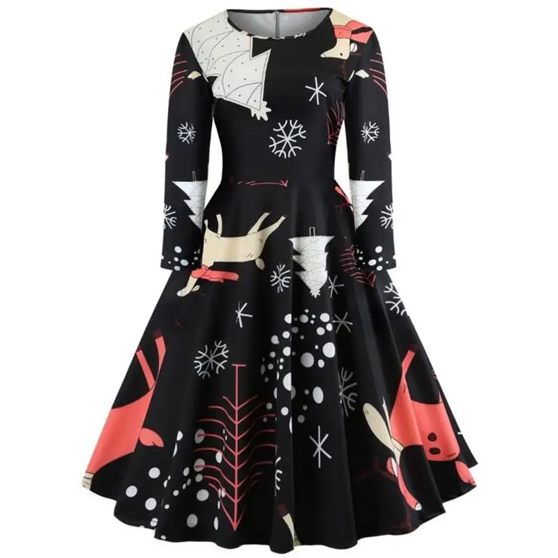 Elegant Women Dress 2018 Autumn Bodycon Long Sleeve A Line Midi Party Dress Floral Print Vintage Christmas Dresses vestidos