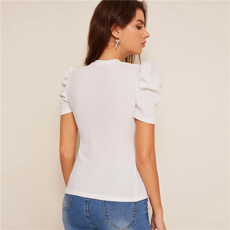 Sheinside Mock-neck Puff Sleeve Button Front top blouse White женские летние топы Slim Fit элегантные женские офисные блузки