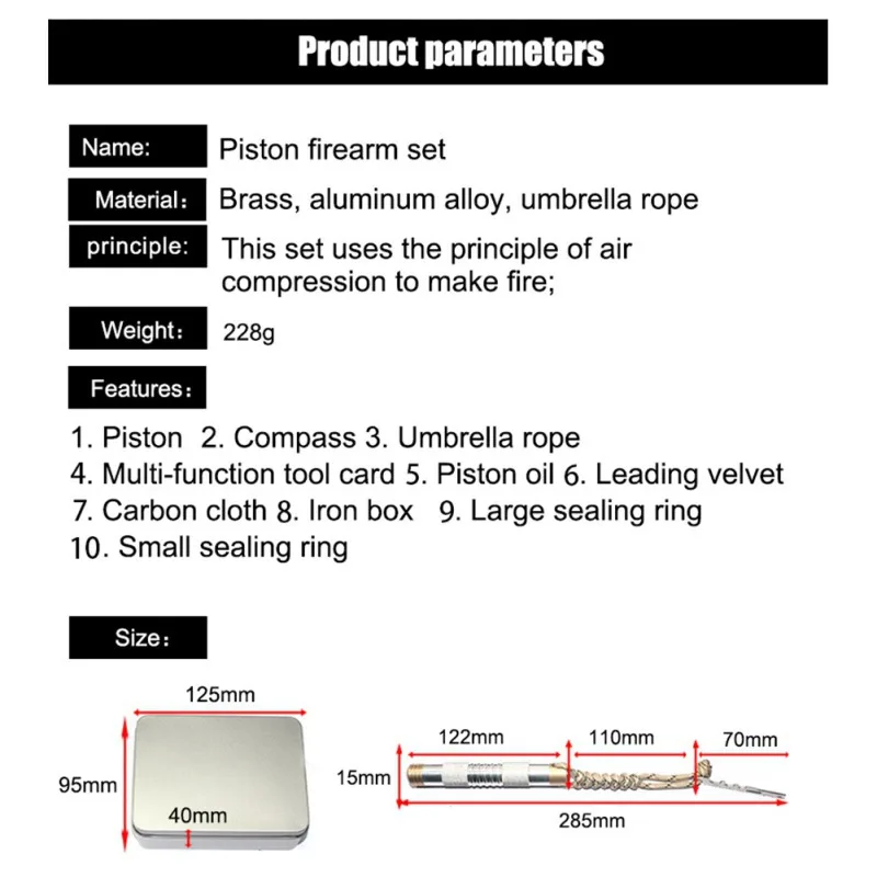Зонтик веревка поршневое устройство зажигания Портативный Воздушный компрессионный комплект зажигания для выживания на открытом воздухе