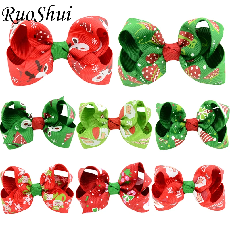 

1PC 3.15Inch Christmas Printed Bowkont Hair Accessories Grosgrain Ribbon Hair Bows Baby Girls Christmas Gift Hairpins 2018 New