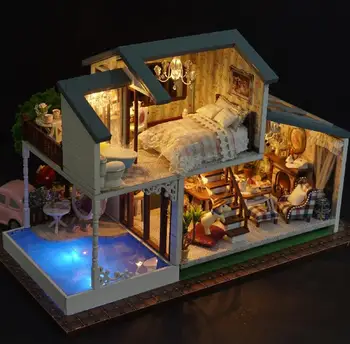 

Handmade Pool Villa Doll House Furniture Miniatura Diy Doll Houses Dollhouse Wooden Toys Children Christmas Gift