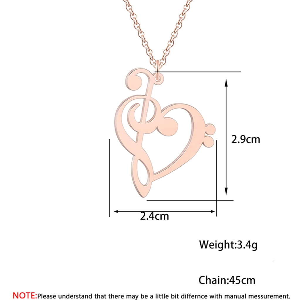 Tioneer Stainless Steel Treble Bass Clef Musical Heart Floating Heart Tag Charm Pendant Necklace 