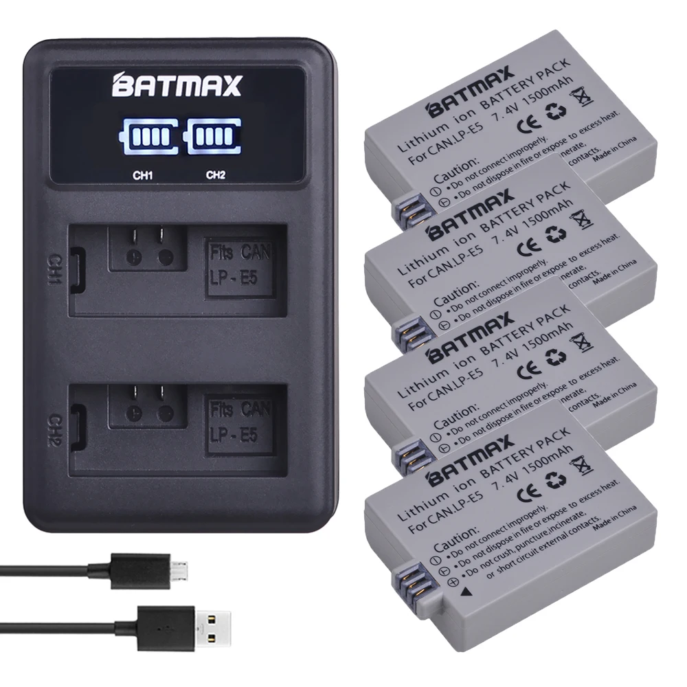 

4Pcs 1500mAh LP-E5 LPE5 LP E5 Batteries+LED Dual USB Charger for Canon EOS 450D 500D 1000D Kiss X3 Kiss F Rebel Xsi