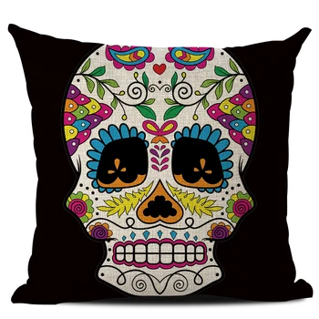 

Retro Colorful Floral Skull Printed Linen Decorative Pillowcase Throw Pillow Covers for Mexican Day of the Dead Cushion