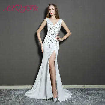 

AXJFU princess white chiffon v neck trumpet evening dress beading crystal sleeveless stage beach long mermaid evening dress