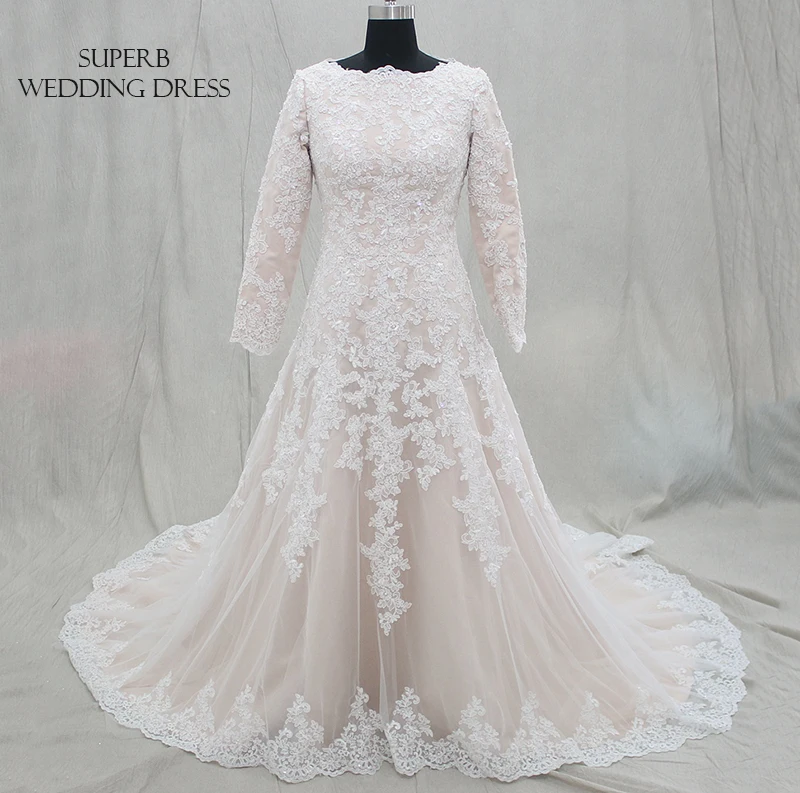 

Modest Muslim Wedding Dress Champagne with Long Sleeves Bridal Gown Dresses For Bride Custom Made To Order Superbweddingdress