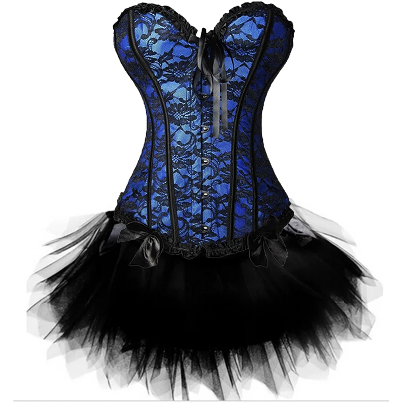 Women Sexy Burlesque Overbust Corset Bustier Top With Mini TuTu Skirt Fancy Dresses Costume Sexy Gothic Corsets Dress