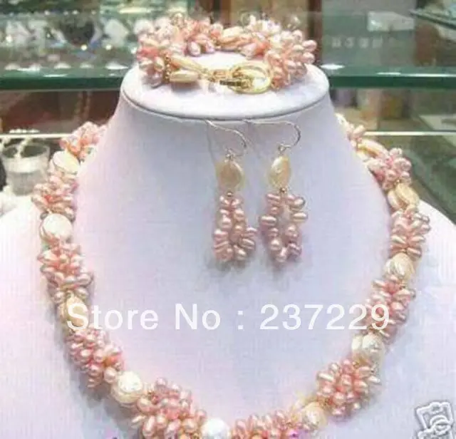 

Wholesale price FREE SHIPPING ^^^^ fashion White Coin Pink Freshwater Pearl Necklace Set