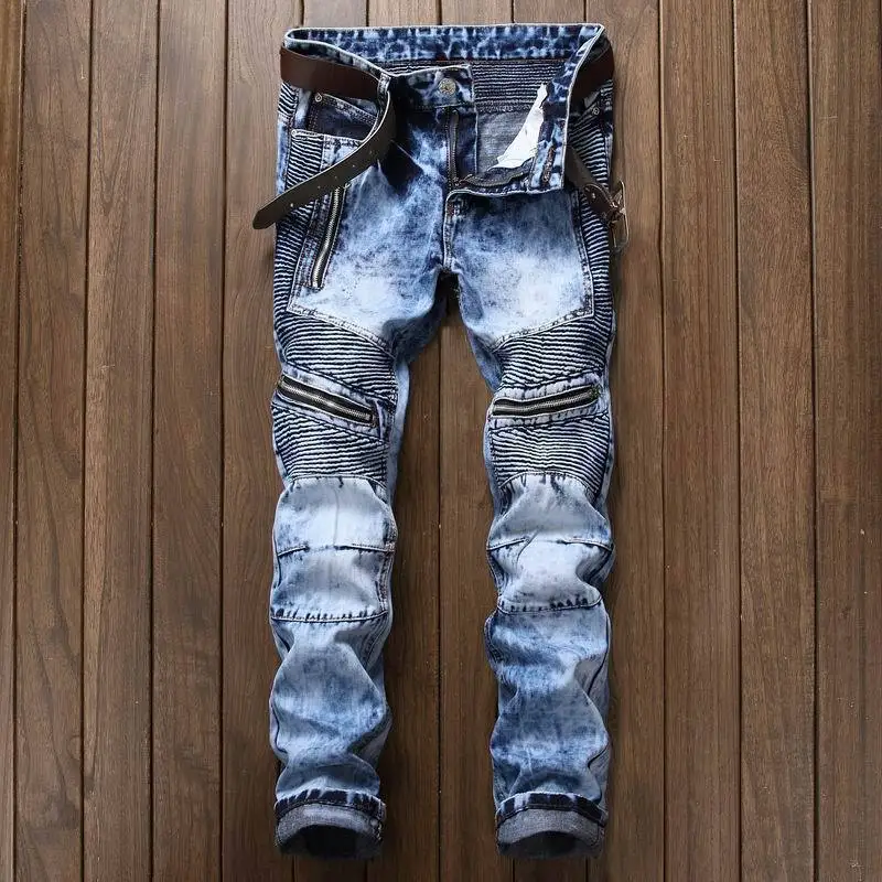 Newsosoo Модные мужские рваные плиссированные джинсы для байкеров брюки вымытые узкие джинсовые мотоциклетные джинсовые брюки прямые для