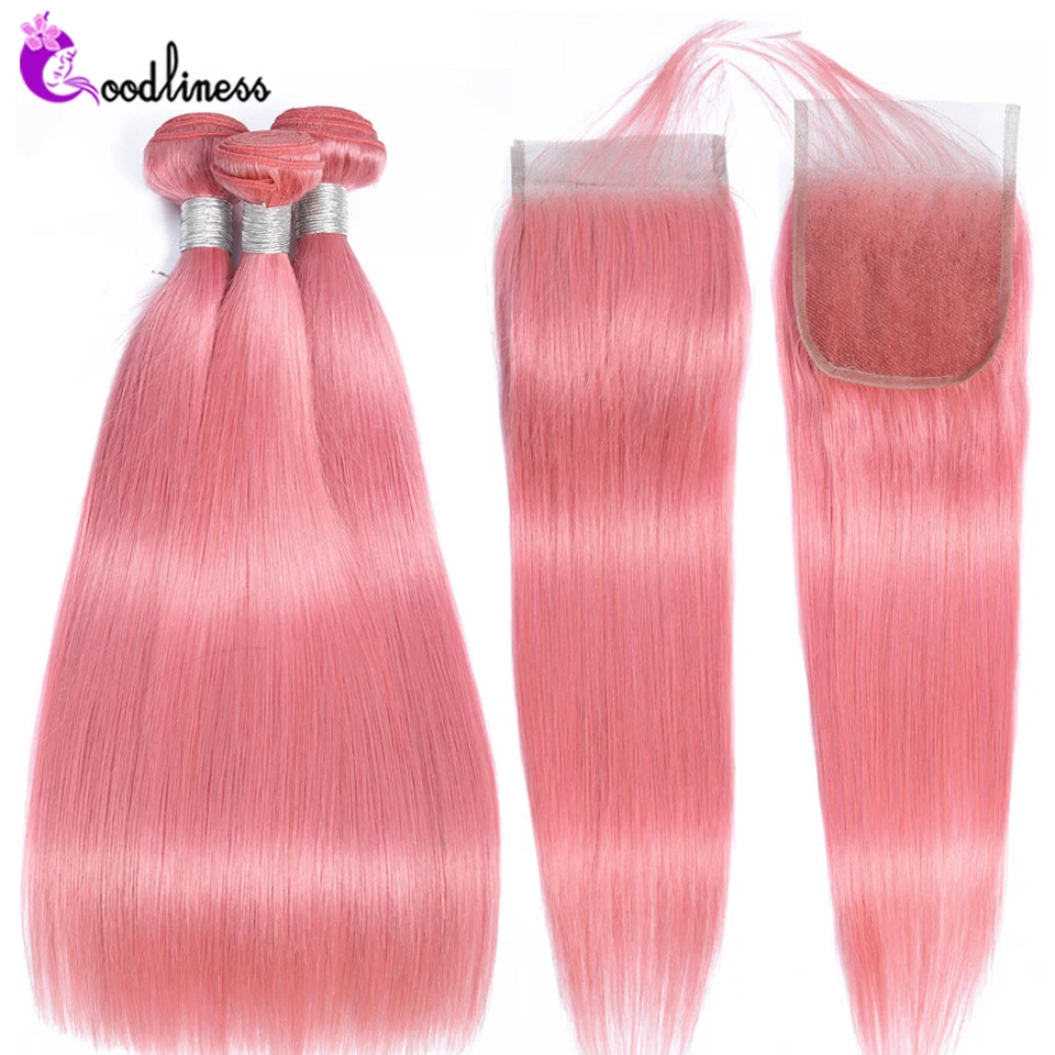 Good Pink Color Straight Bundles With Closure Remy Peruvian Human Hair
